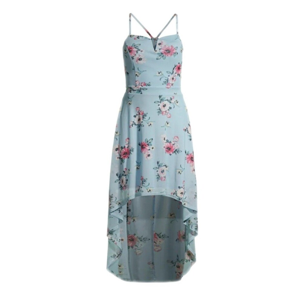 No Boundaries HiLow Blue LaceBack Floral Print Dress sz S 3-5 Juniors SemiSheer